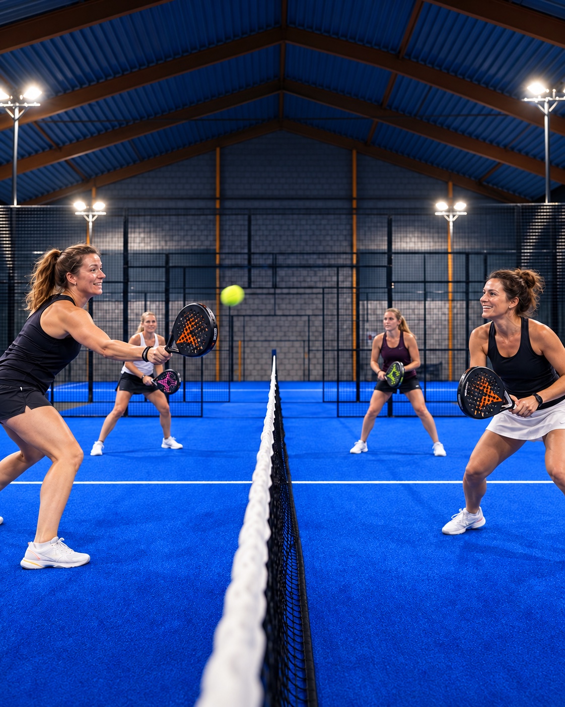 Vier vrouwen spelen padel op de blauwe indoor padelbaan